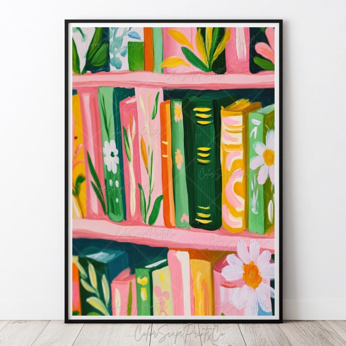 Book Stack Painting, Pastel Bookshelf Art Print