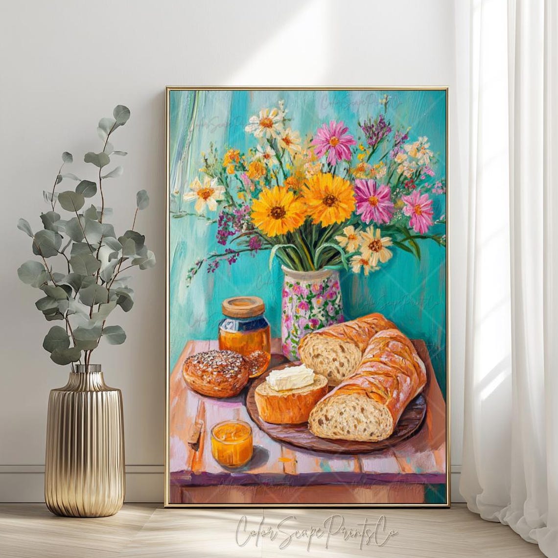 Rustic Bread Honey Still Life Poster Wildflowers Table Kitchen Art