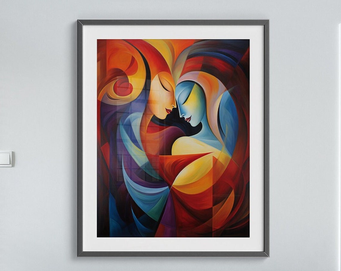 Abstract Embracing Couple in Fiery Red and Deep Blue Art Poster - Image 6