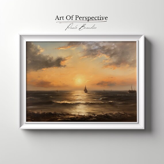 Ocean Sunset Oil Painting Sailboats Golden Waves Seascape Art Print