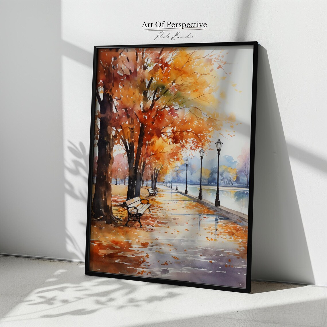 Moody Autumn Park Path Bench Lamps Riverside Watercolor Painting Poster