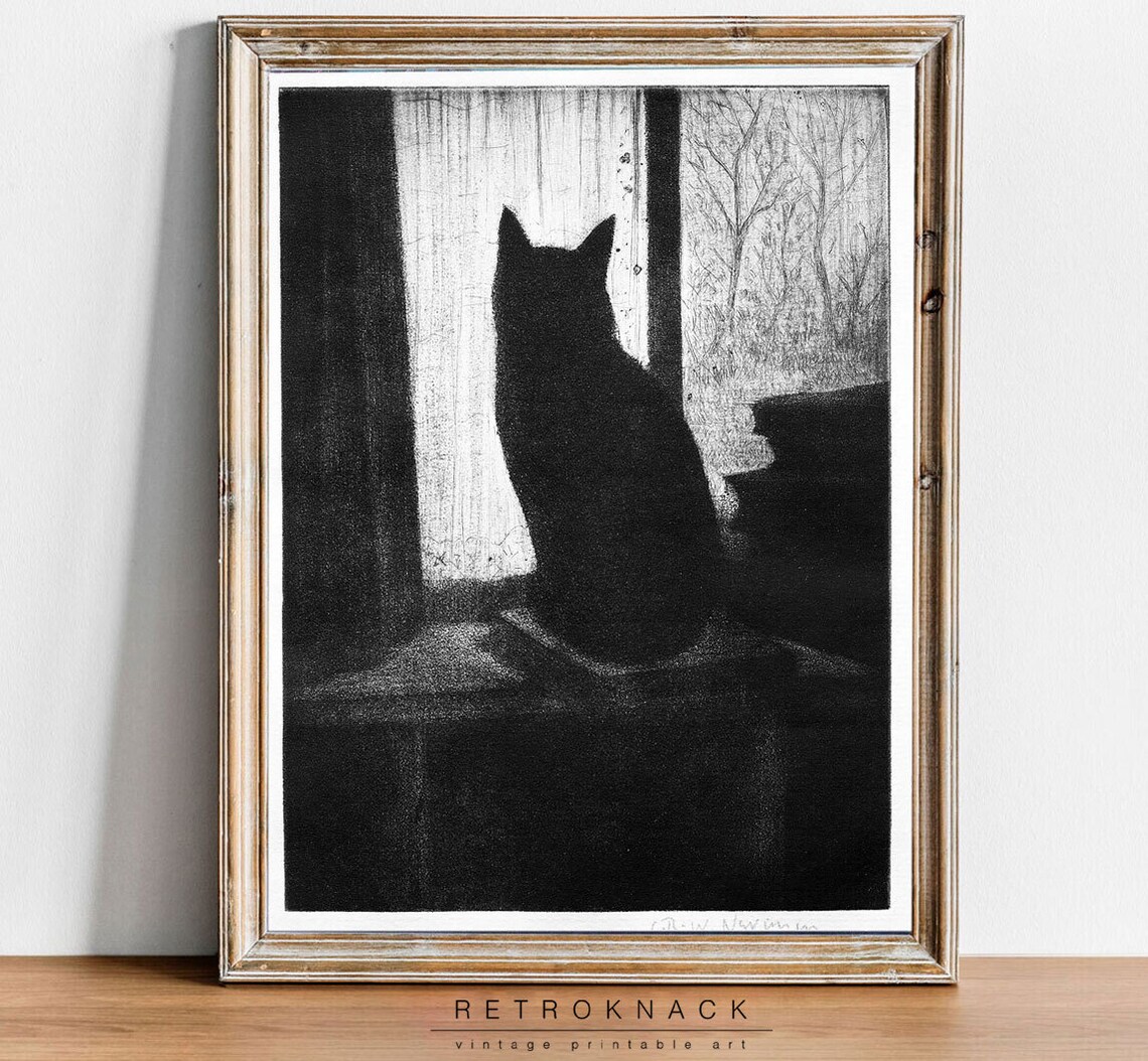 Black Cat Silhouette At Window Antique Mezzotint Etching Cat Art Poster - Image 2