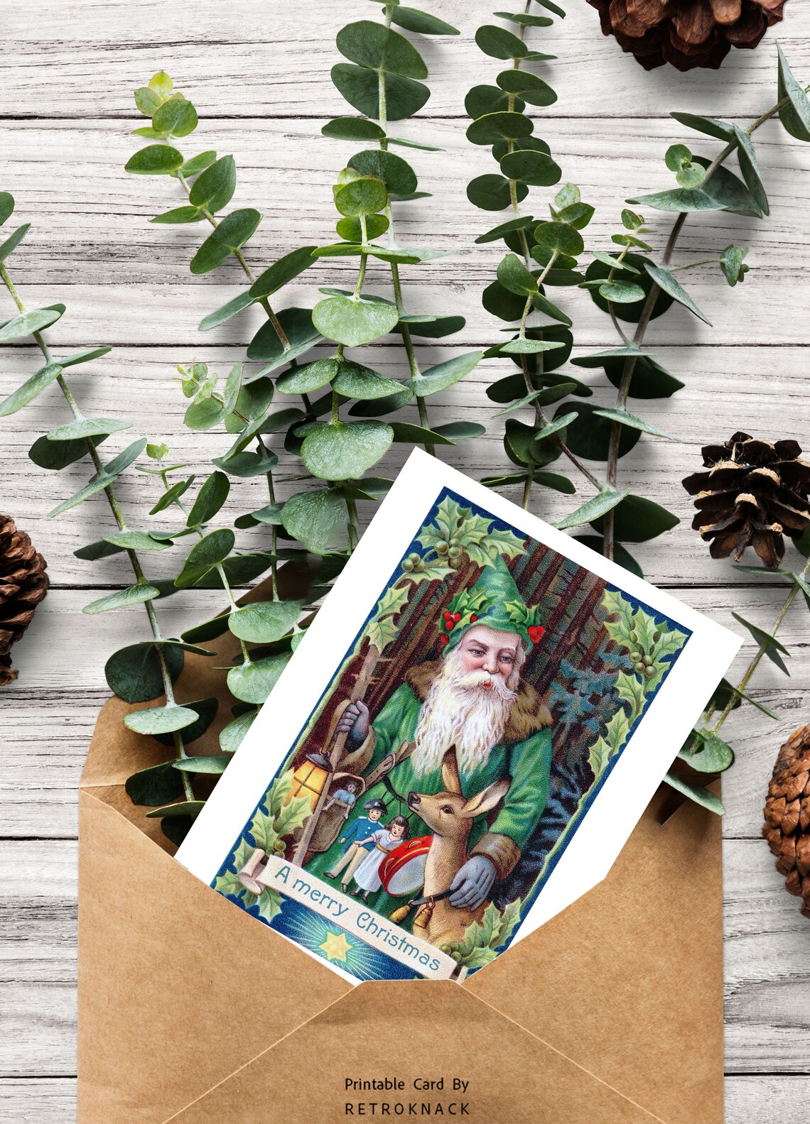 Vintage Santa Claus Green Robe A Merry Christmas Card Poster - Image 3