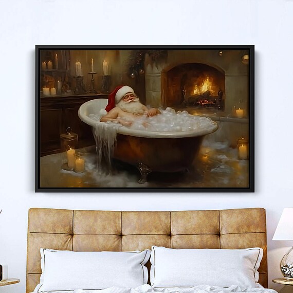 Funny Santa Claus Relaxing Bubble Bath Fireplace Christmas Art Poster
