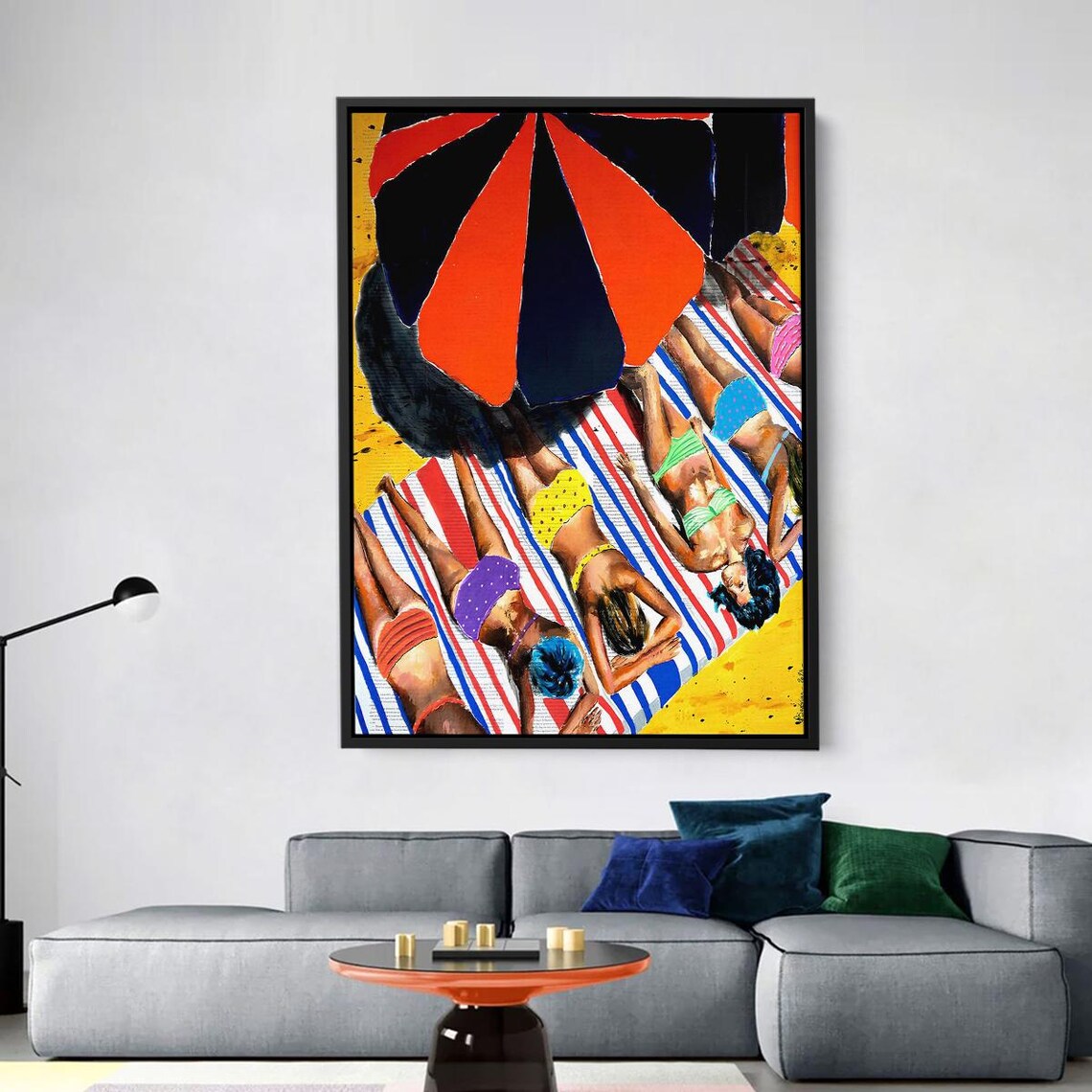 Retro Beach Day Women Sunbathing Under Striped Umbrella Wall Art