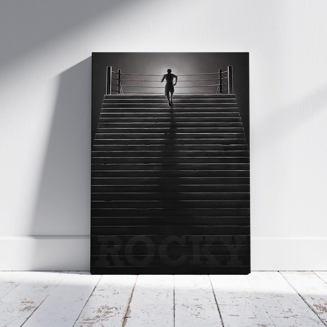 Rocky Boxer Running Up Stairs Black And White Motivational Poster