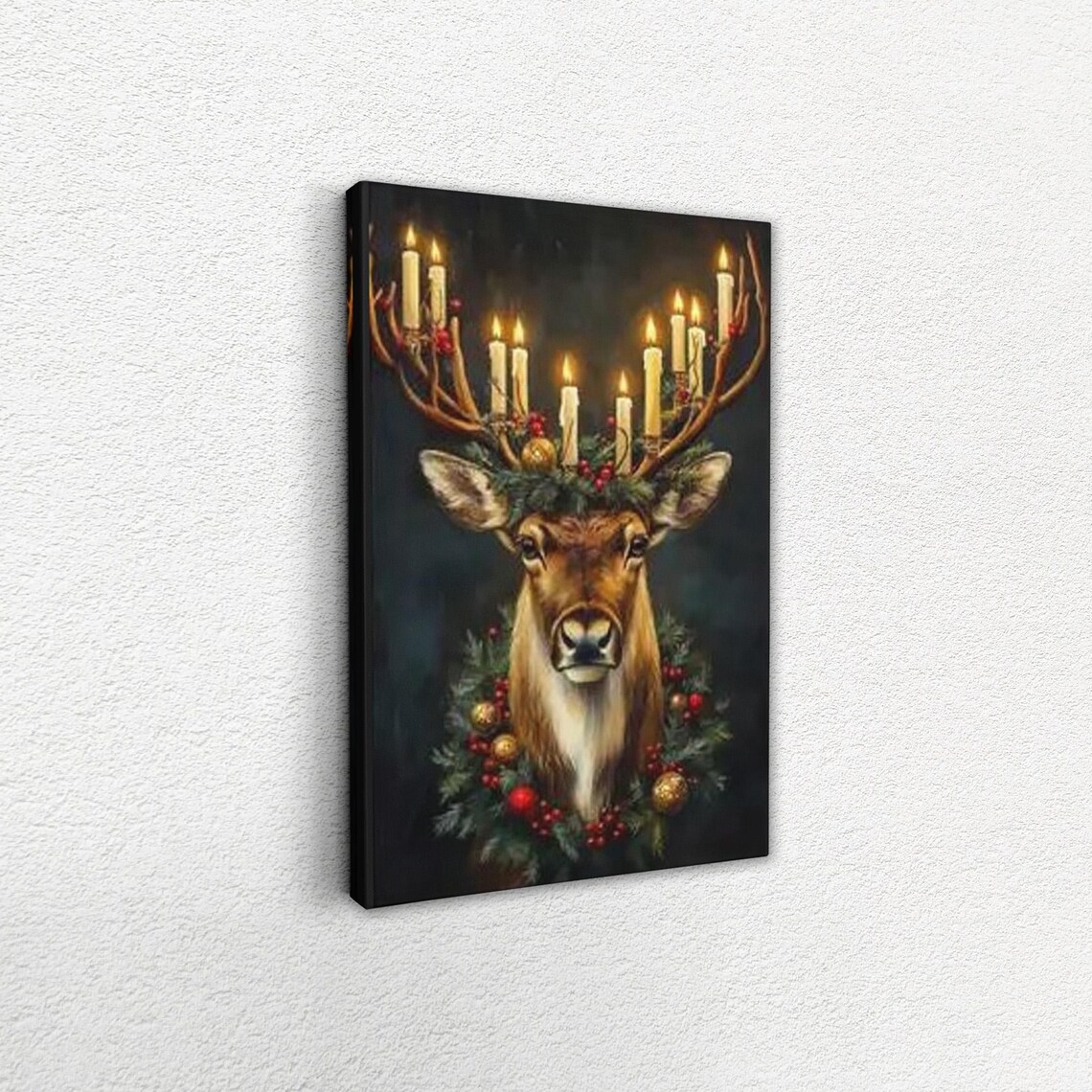 Reindeer Candle Antlers Wreath Christmas Holiday Portrait Poster