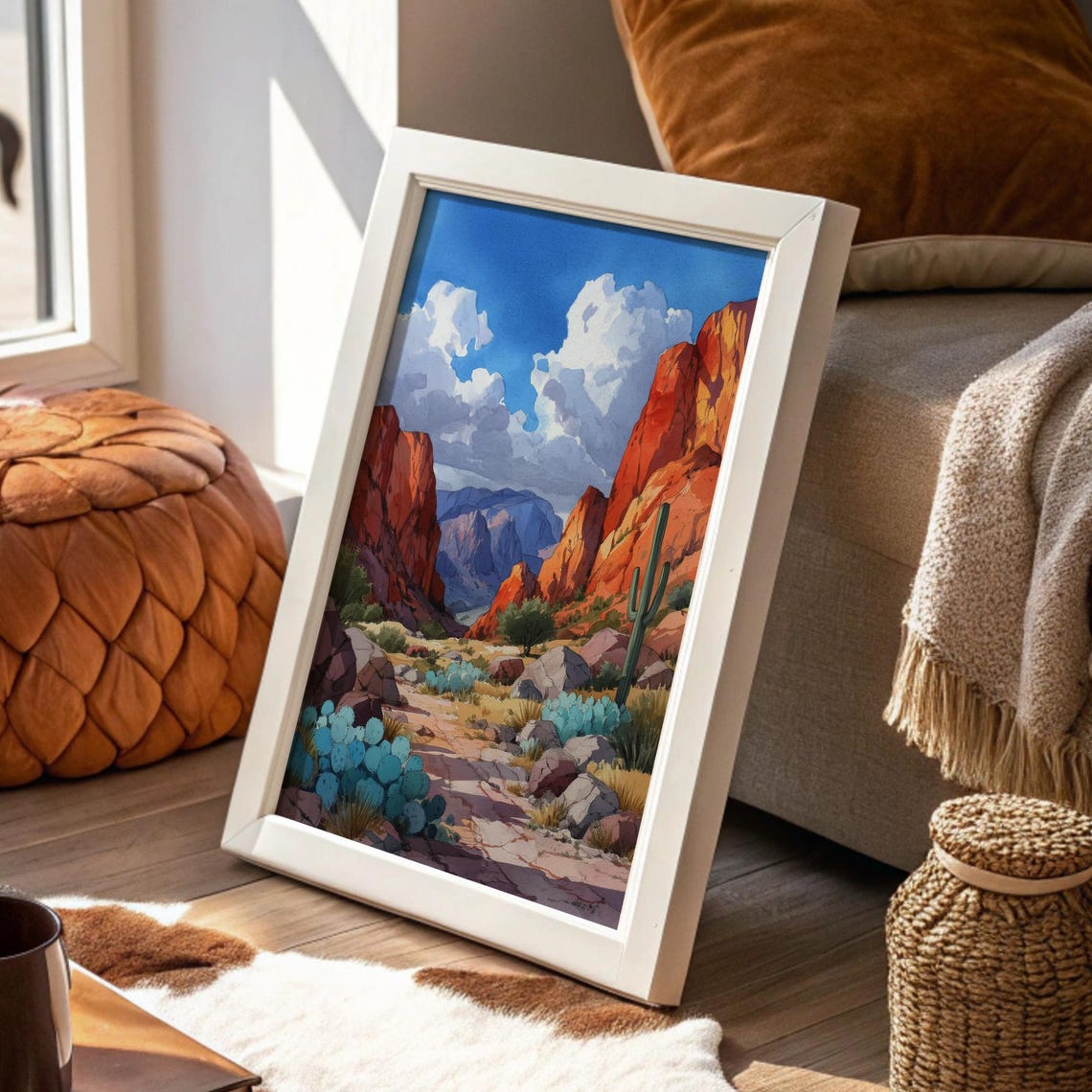 Desert Canyon Path With Red Cliffs Saguaro Cacti And Blue Sky Poster