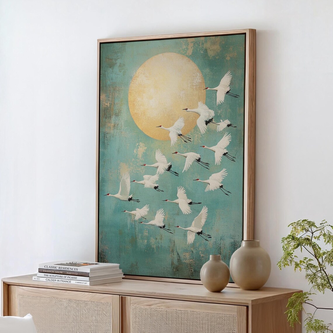 Flock of White Cranes Flying Across a Golden Sun Teal Sky Poster