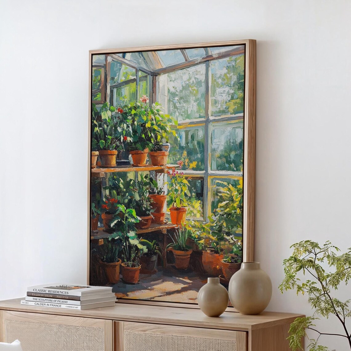 Bright Sunroom Corner With Shelves of Terracotta Potted Plants Poster