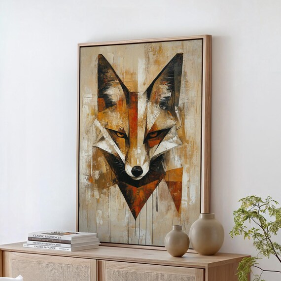 Abstract Fox Art Modern Wildlife Wall Decor Geometric Animal Artwork Rustic Earth Tones Bold Fox Painting For Home