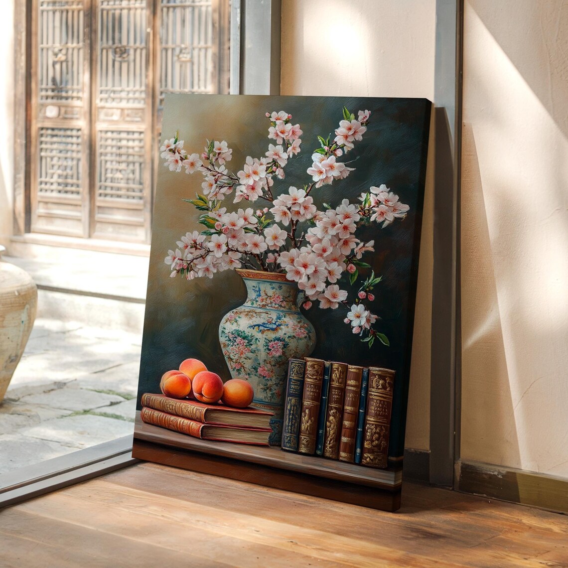 Cherry Blossom Vase Still Life Peaches Vintage Books Oil Art Poster