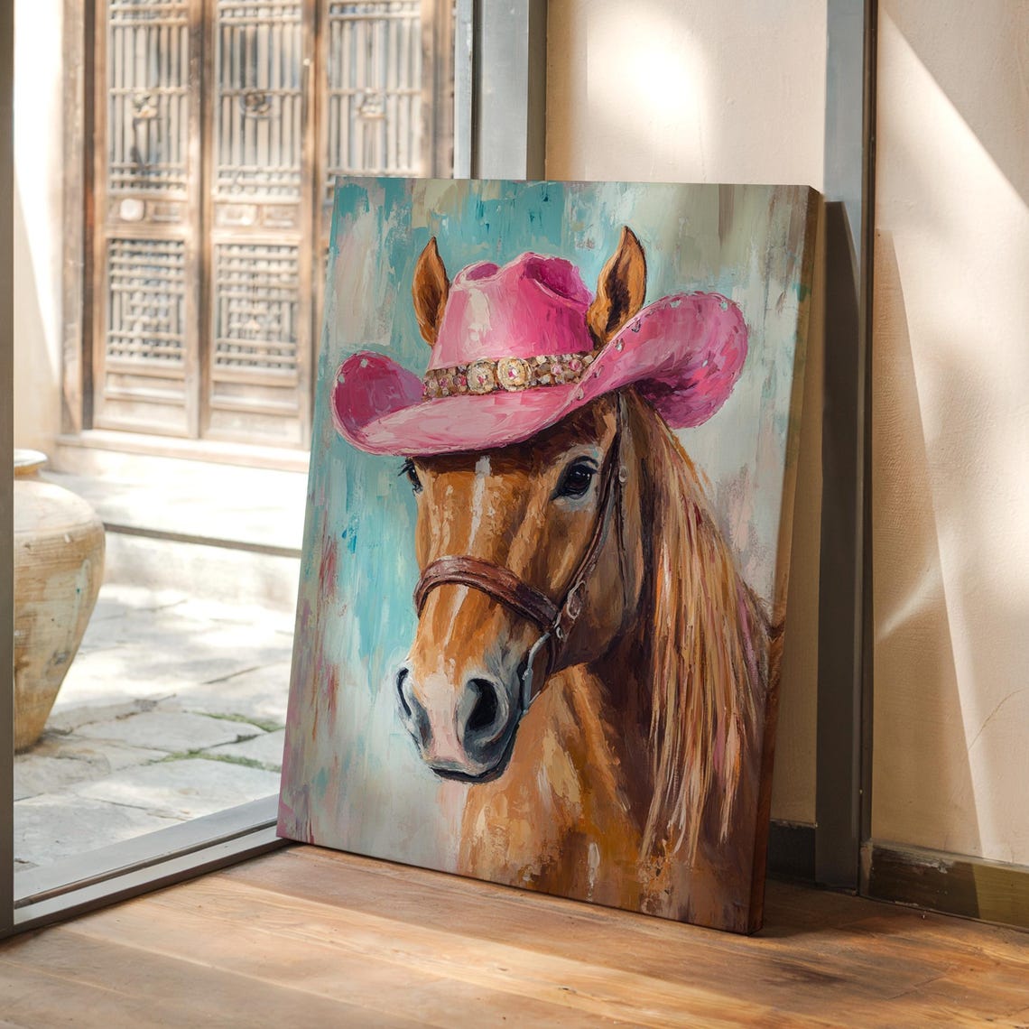 Chestnut Horse in Pink Cowboy Hat Rustic Western Painting Poster