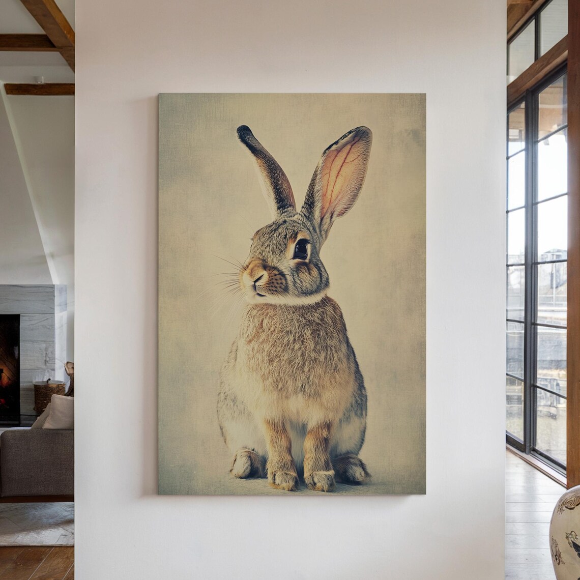 Vintage Rabbit Portrait Tall Ears Neutral Sepia Rustic Farmhouse Poster