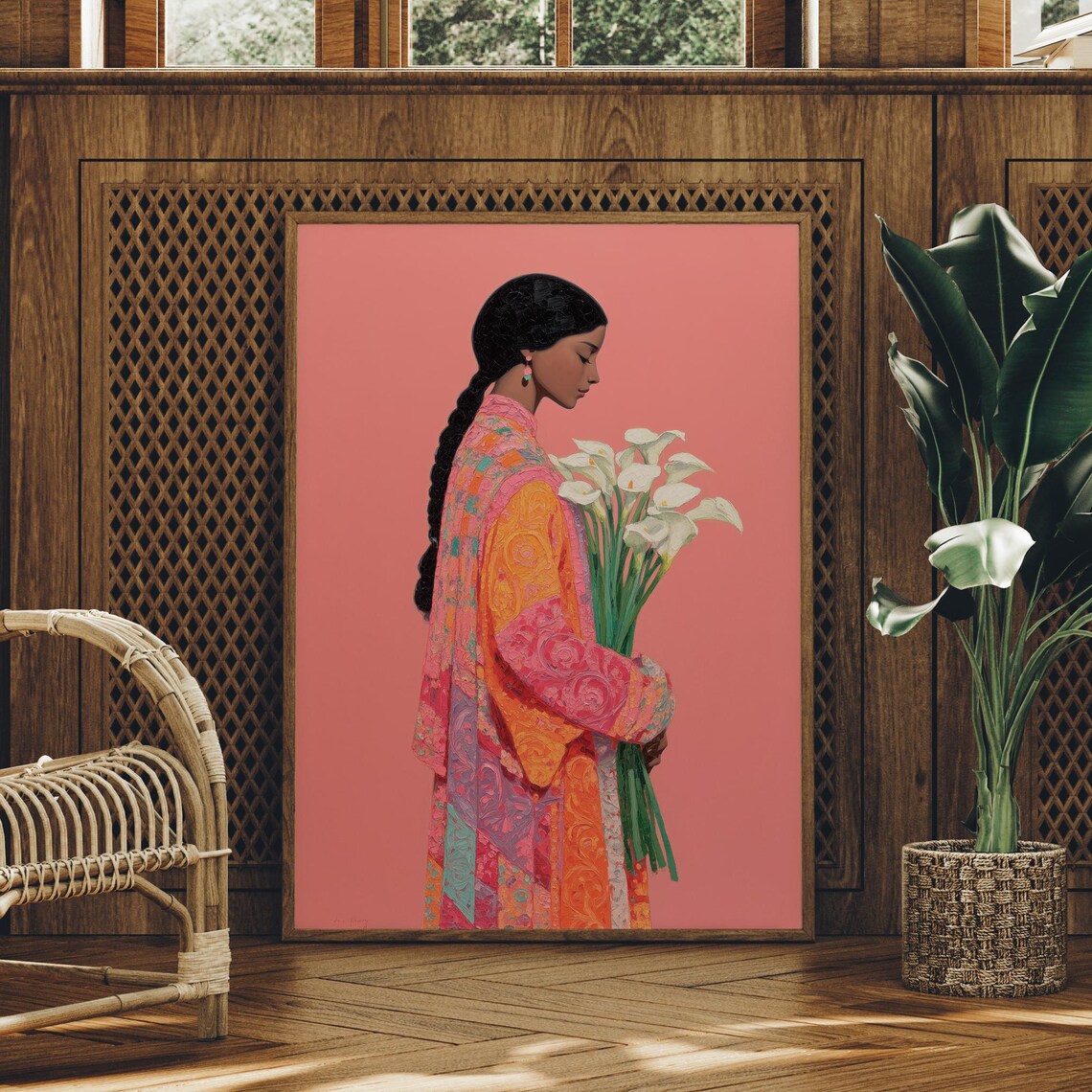 Woman In Bright Colorful Robe Holding White Lilies Art Print
