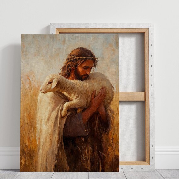 Jesus Crown Of Thorns Cradling Lamb Golden Wheat Field Poster