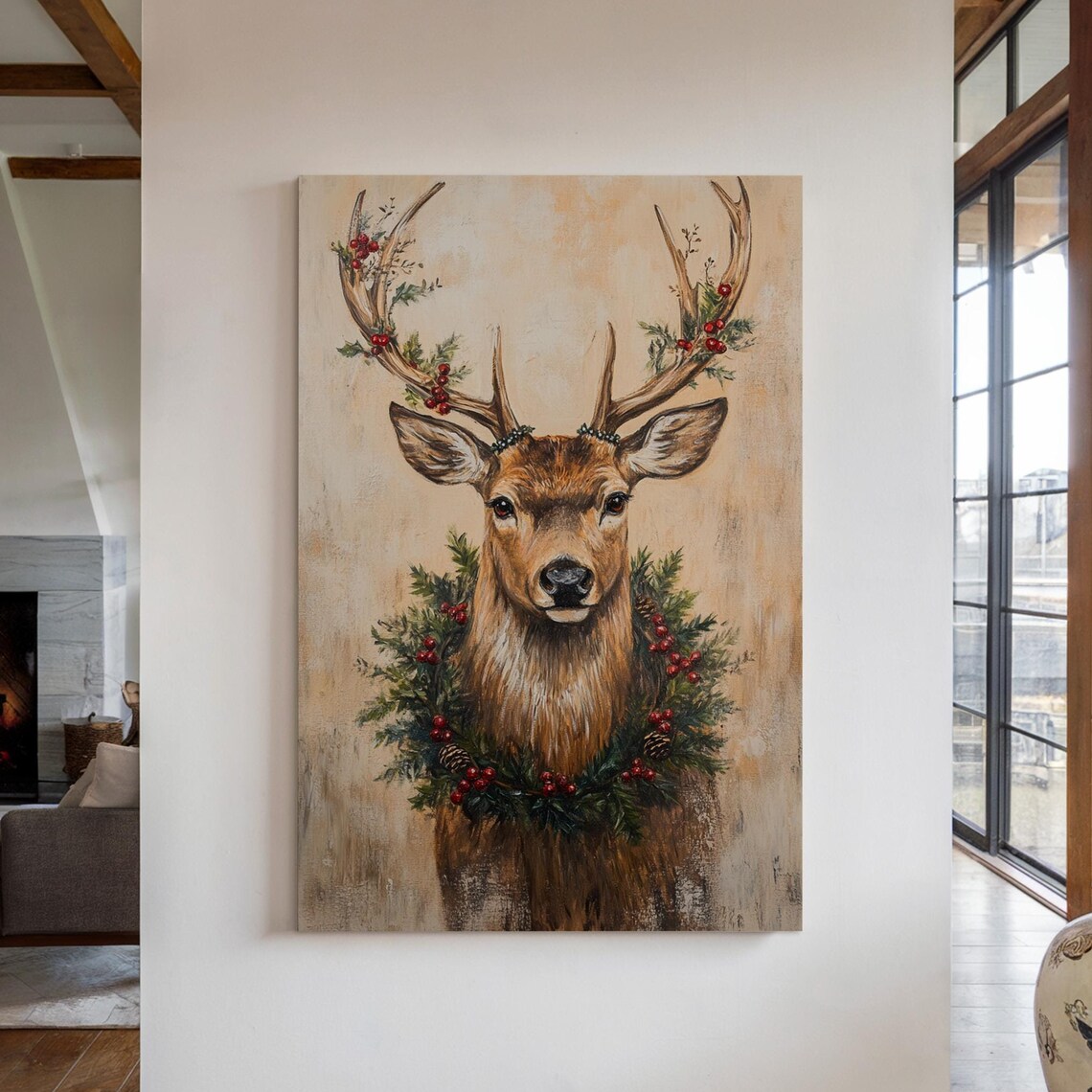 Rustic Christmas Deer Art, Festive Wildlife Print