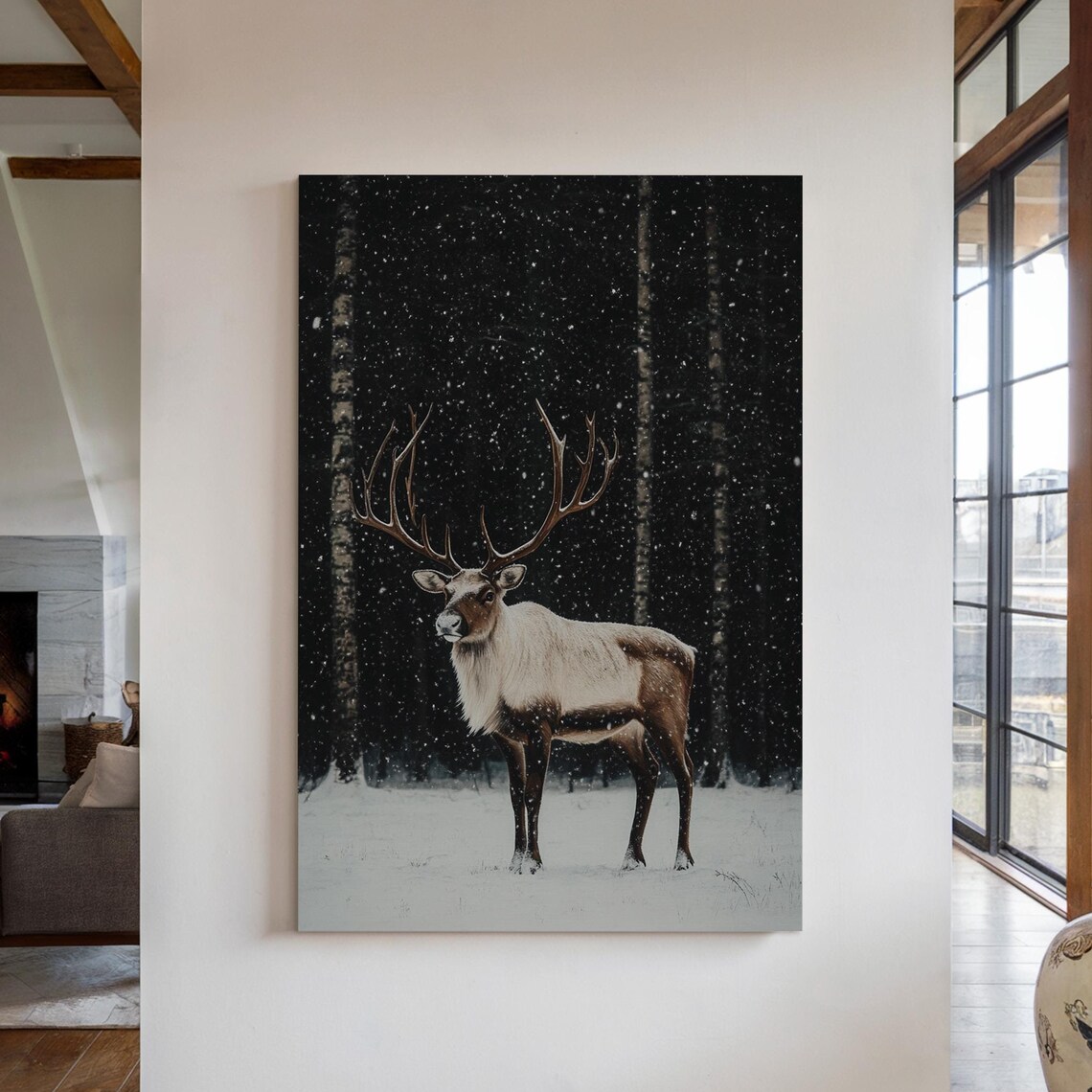 Reindeer Standing in Snowy Night Forest Winter Wildlife Poster