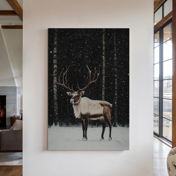 Reindeer Standing in Snowy Night Forest Winter Wildlife Poster