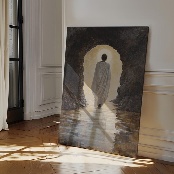 Robed Figure Walking Toward Glowing Light in Stone Archway Poster