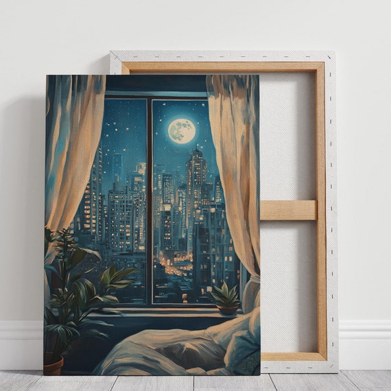 Moonlit City Skyline From Cozy Bedroom Serene Nighttime Wall Art Stunning Urban View With Plants Starry Sky Decor