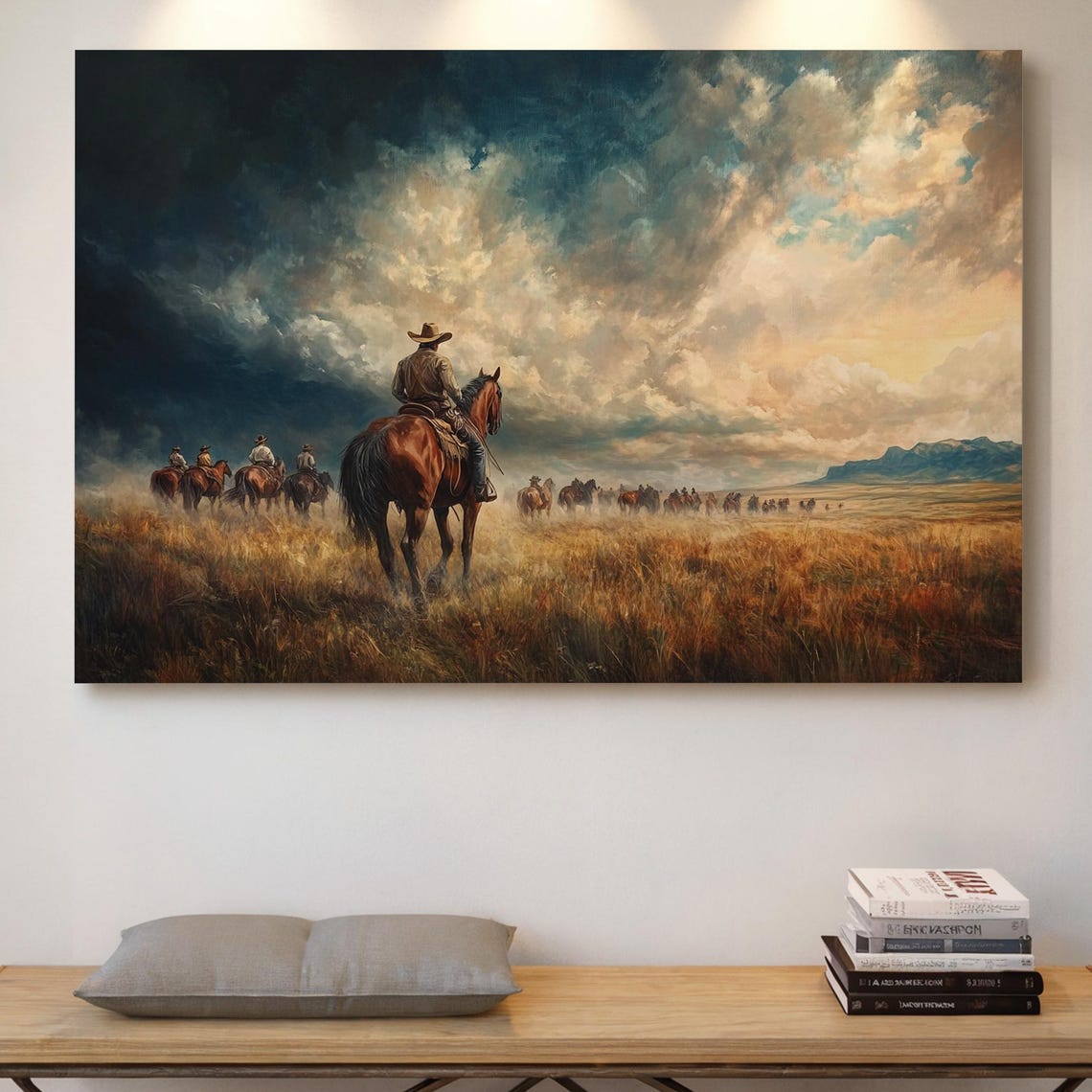 Cowboys Herding Cattle Across Windswept Prairie Western Poster