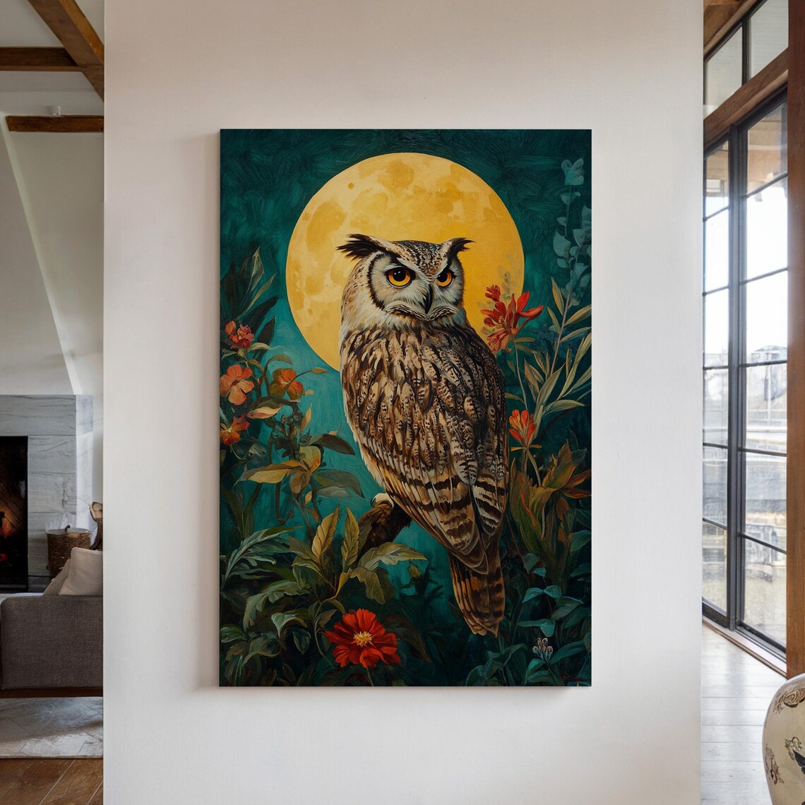 Majestic Great Horned Owl Golden Full Moon Teal Floral Night Poster
