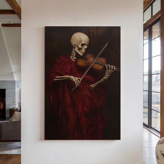 Skeleton Violinist In Red Robe Dark Gothic Classical Art Poster