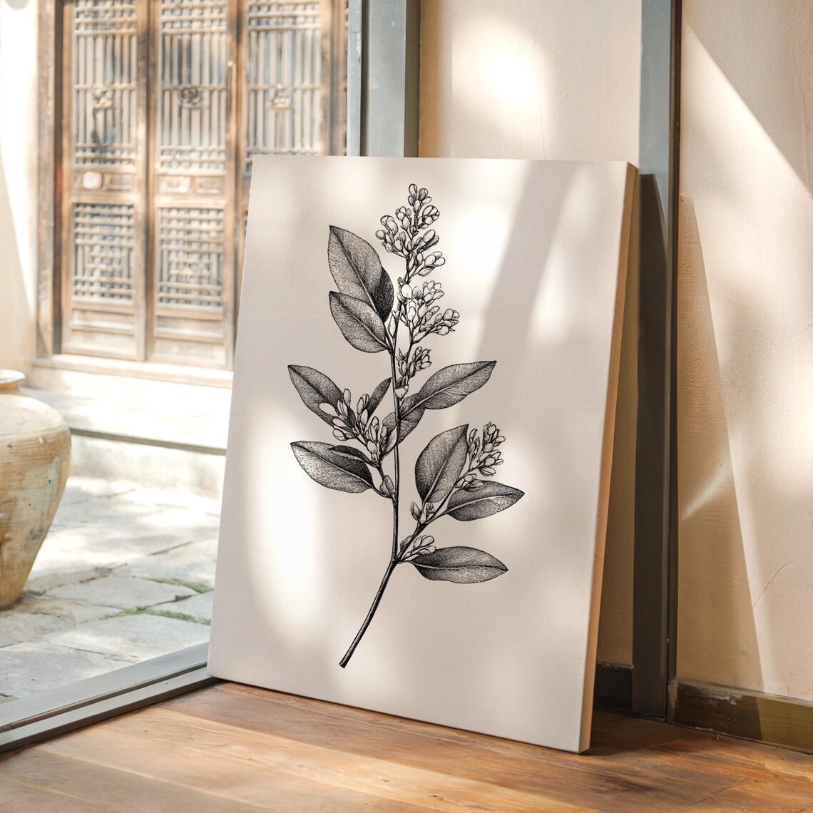 Detailed Shaded Botanical Leaf And Bud Ink Illustration Poster
