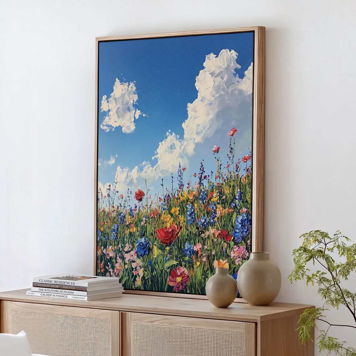 Colorful Wildflower Field Blue Sky Billowing Clouds Summer Poster