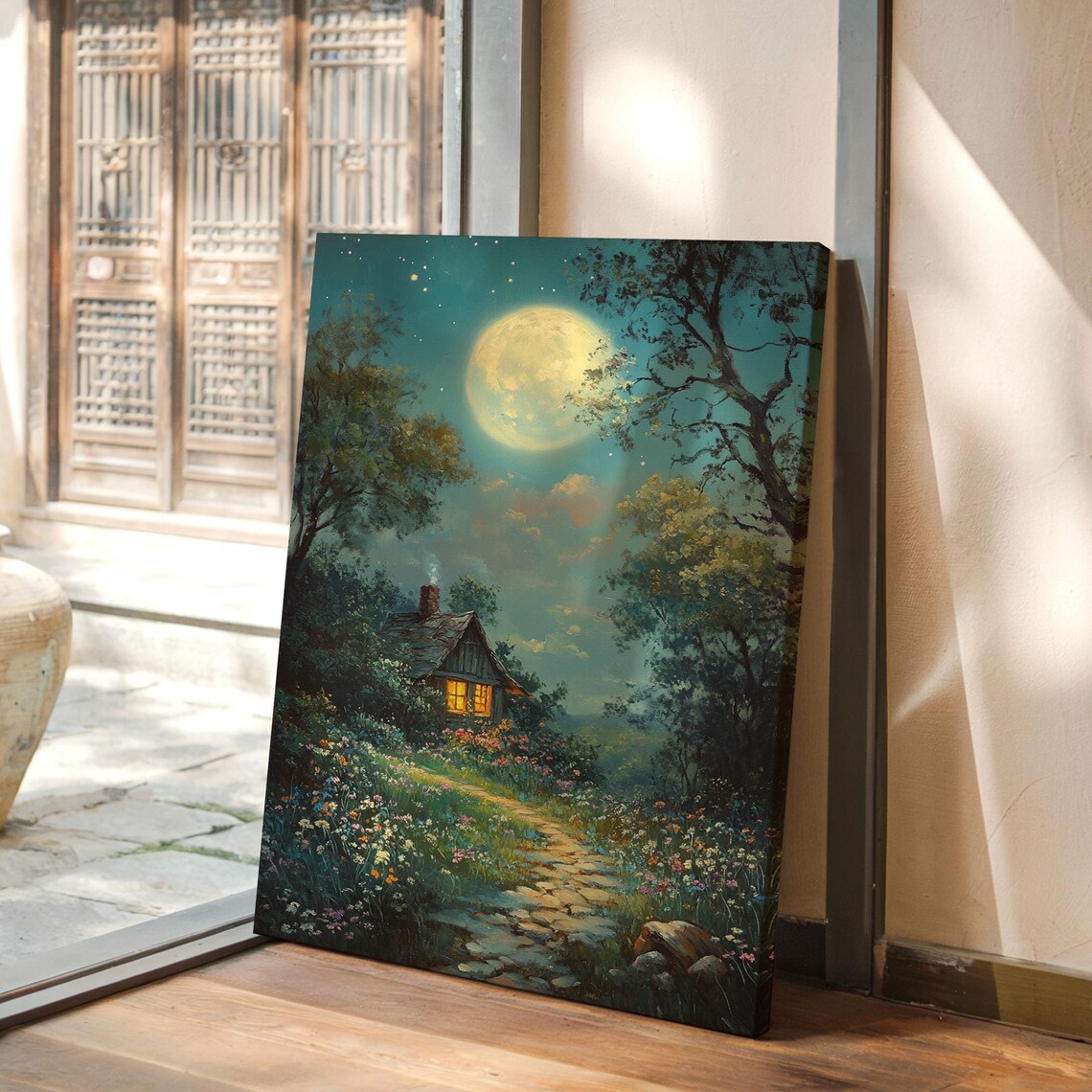 Woodland Cottage Full Moon Stone Path Meadow Flowers Night Poster