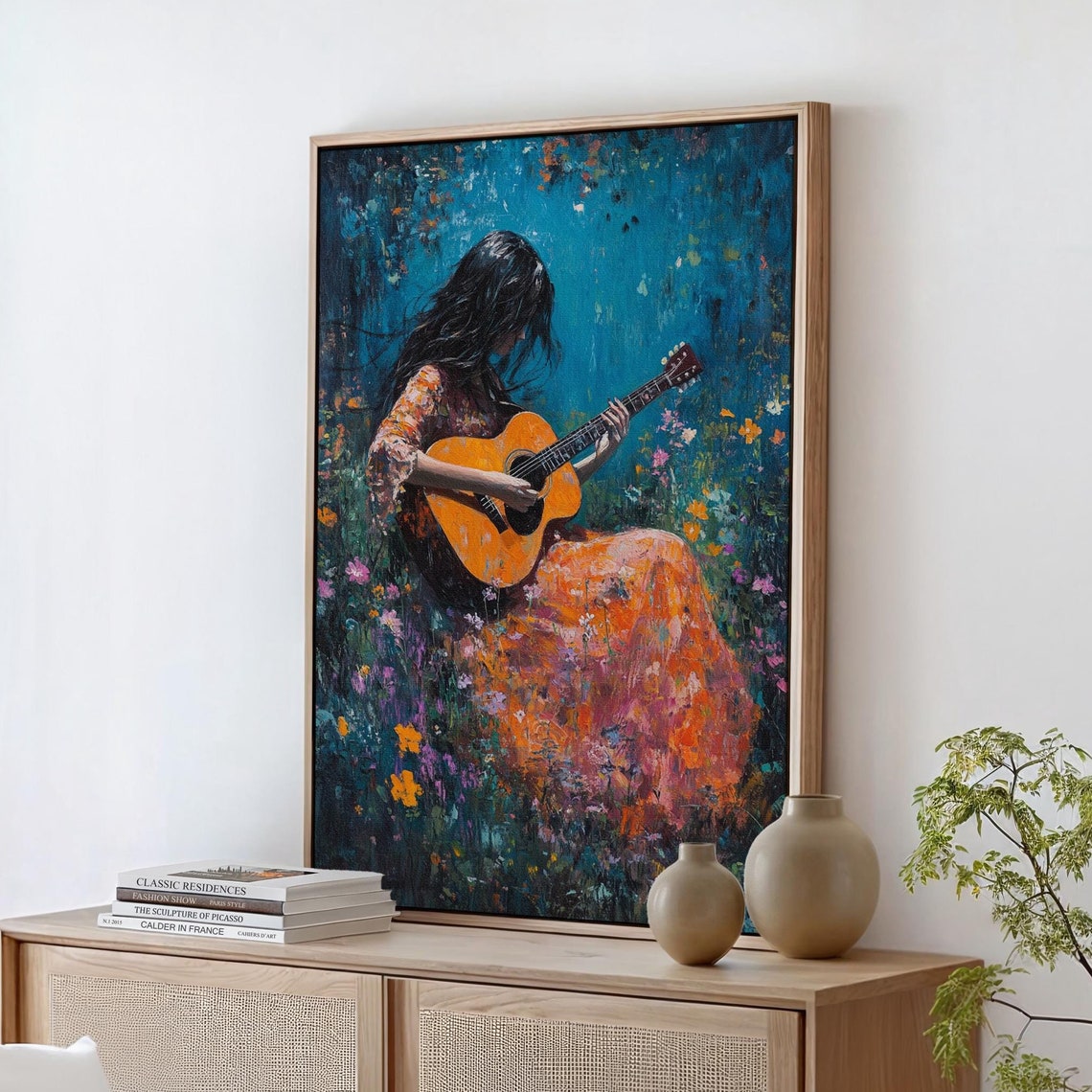 Woman Playing Guitar In Colorful Flower Field Bohemian Oil Painting Wall Art With Textured Brush Strokes And Vibrant Nature Scene