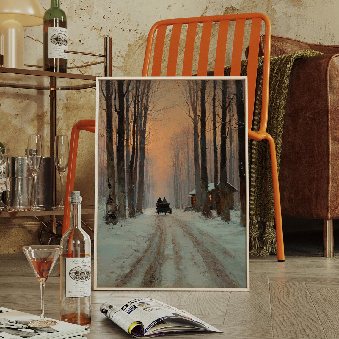 Horse Carriage Ride Through Snowy Winter Forest Sunset Glow Vintage Poster