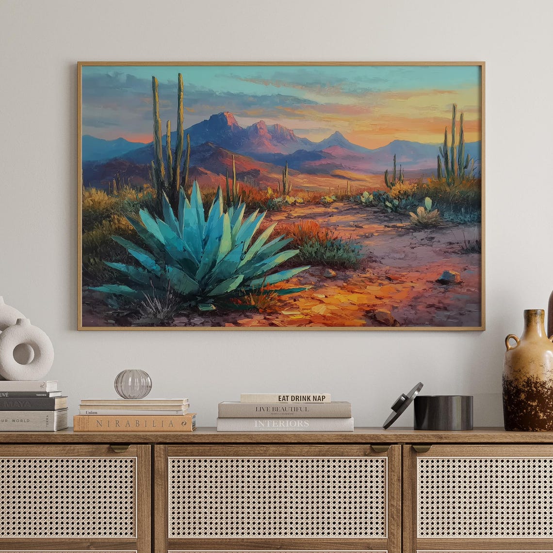 Desert Sunset With Blue Agave Cactus And Mountain Horizon Poster