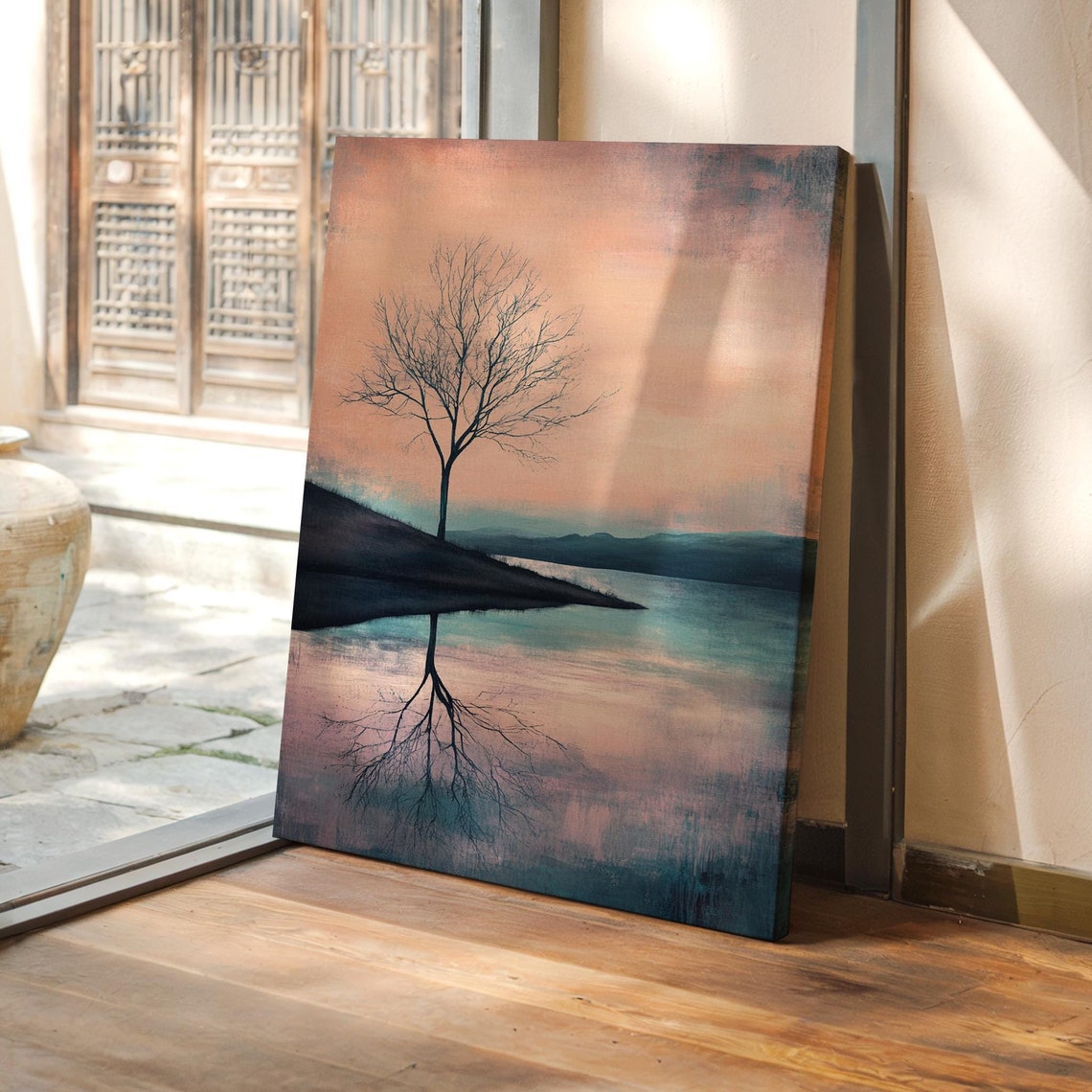 Bare Tree Silhouette Lake Reflection Peach Sky Tranquil Poster