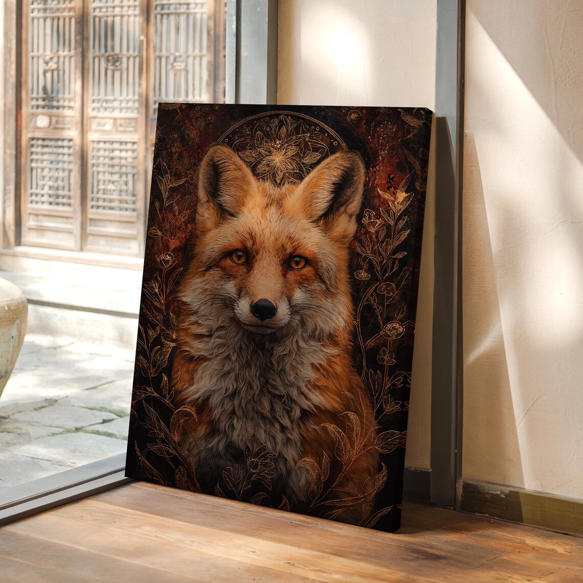 Mystical Red Fox Portrait With Golden Floral Accents Dark Art Poster