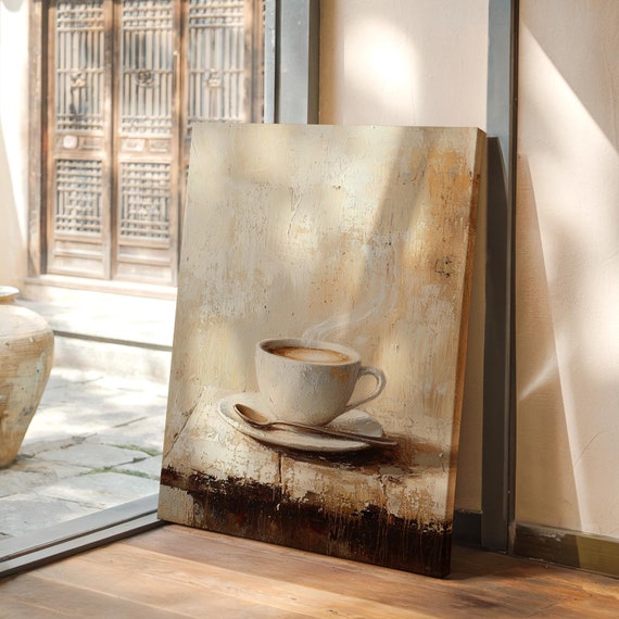 Rustic Coffee Cup Wall Art Vintage Oil Painting For Neutral Kitchen Or Cozy Cafe Decor