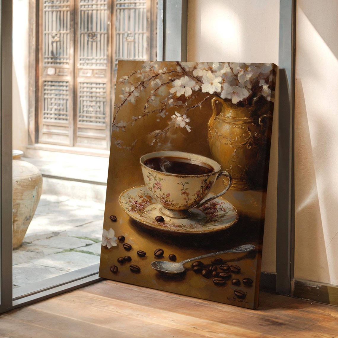 Vintage Floral Teacup Coffee Beans Golden Vase Still Life Poster