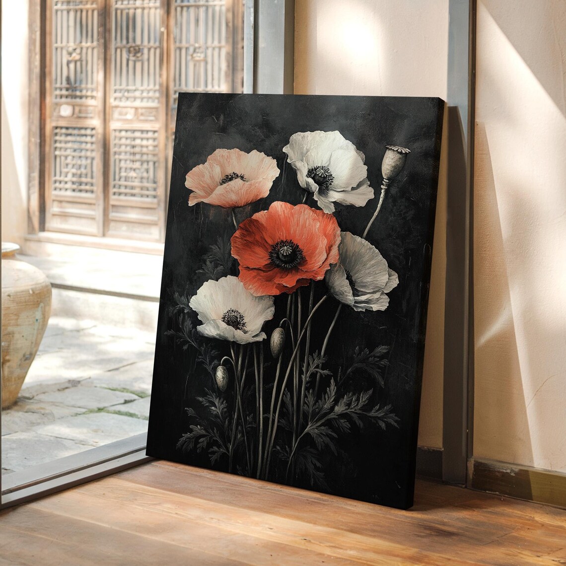 Moody Red And White Poppies On Black Dark Botanical Floral Poster