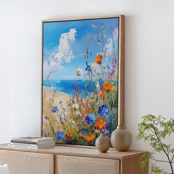 Vibrant Coastal Wildflowers With Beach And Blue Sea Floral Art Poster