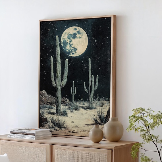 Full Moon Over Saguaro Cactus Desert Starry Night Southwest Poster