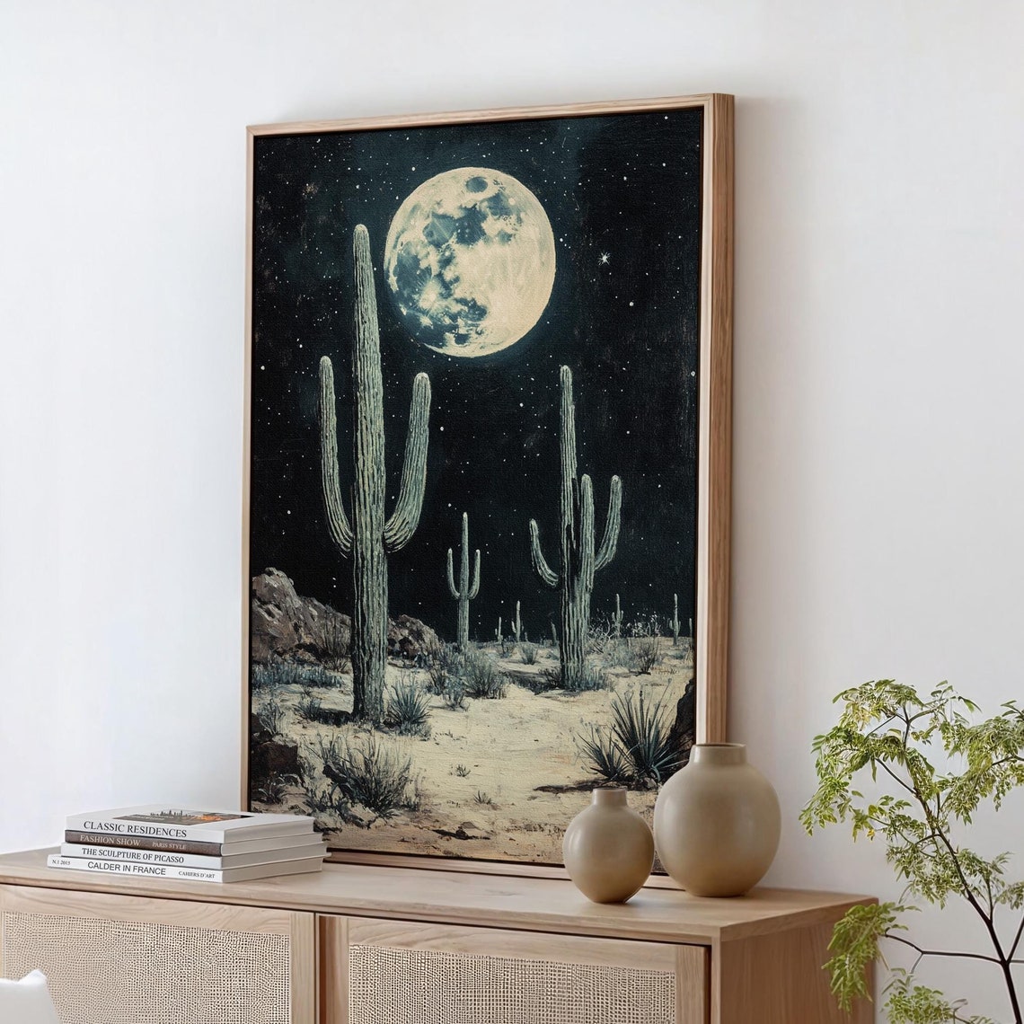 Full Moon Over Saguaro Cactus Desert Starry Night Southwest Poster