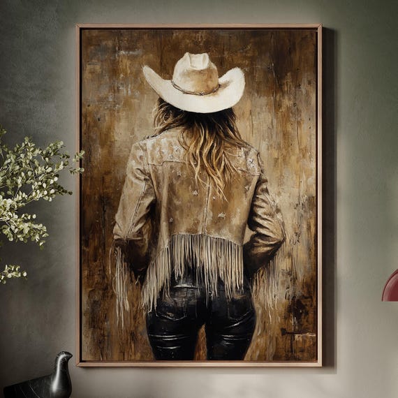 Rustic Western Cowgirl In Fringe Jacket Vintage Style Wall Art For Country And Ranch Home Decor