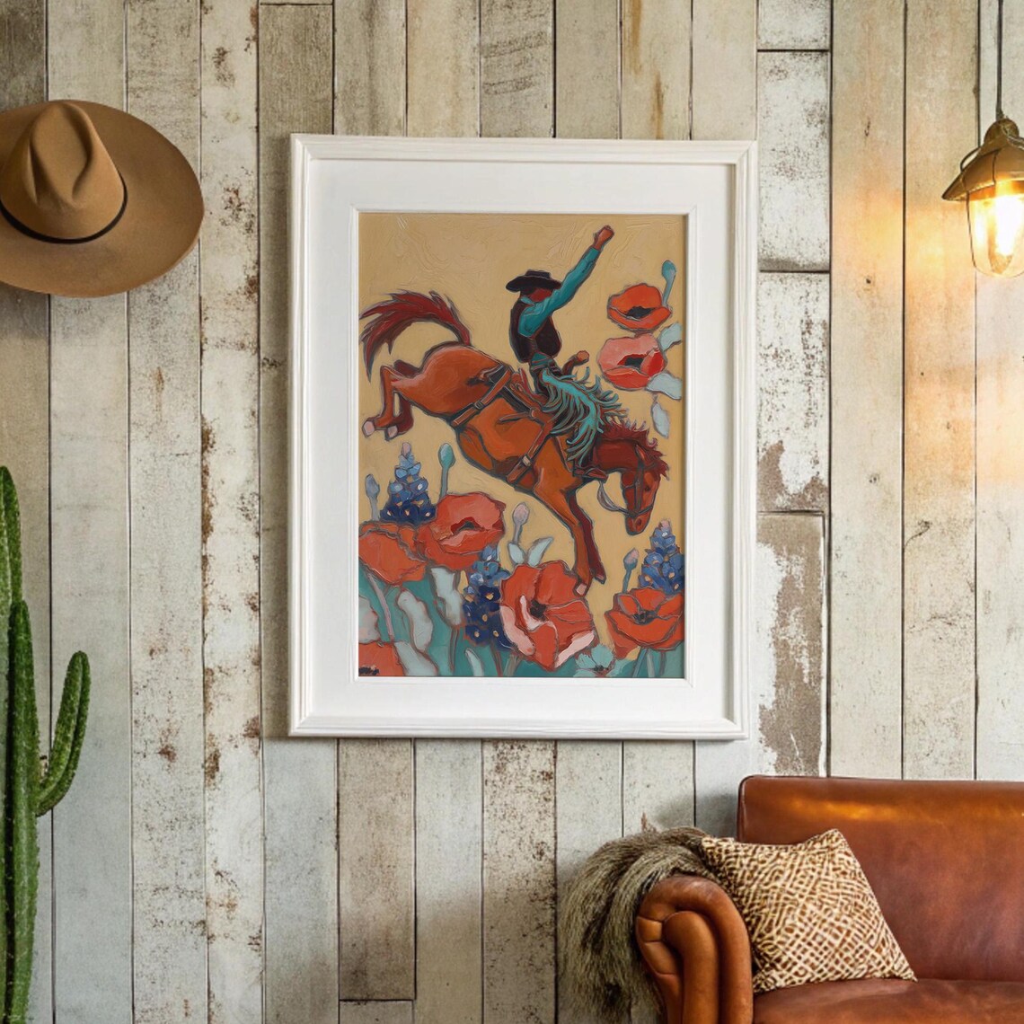 Rodeo Cowboy Riding Bucking Bronco Among Wildflowers Folk Poster