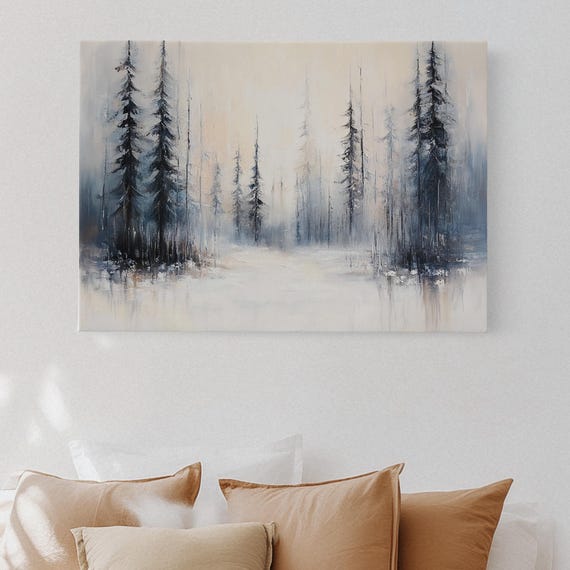 Winter Forest Canvas Art Misty Pine Trees In Snowy Woods Minimalist Neutral Landscape Painting Cozy Nordic Wall Decor Print