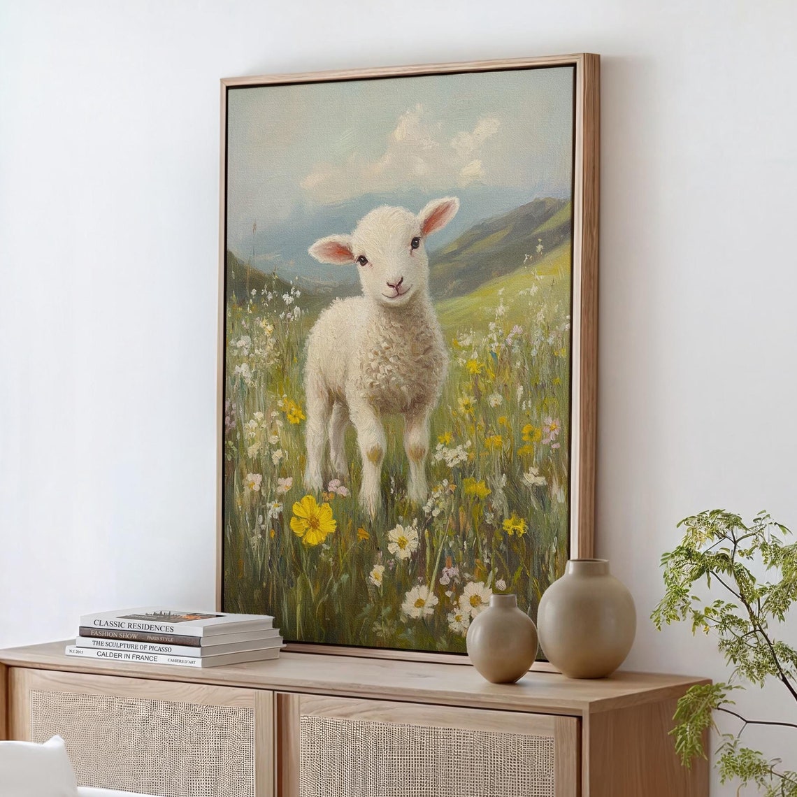 Whimsical Lamb In Wildflower Meadow Mountain Hills Spring Poster