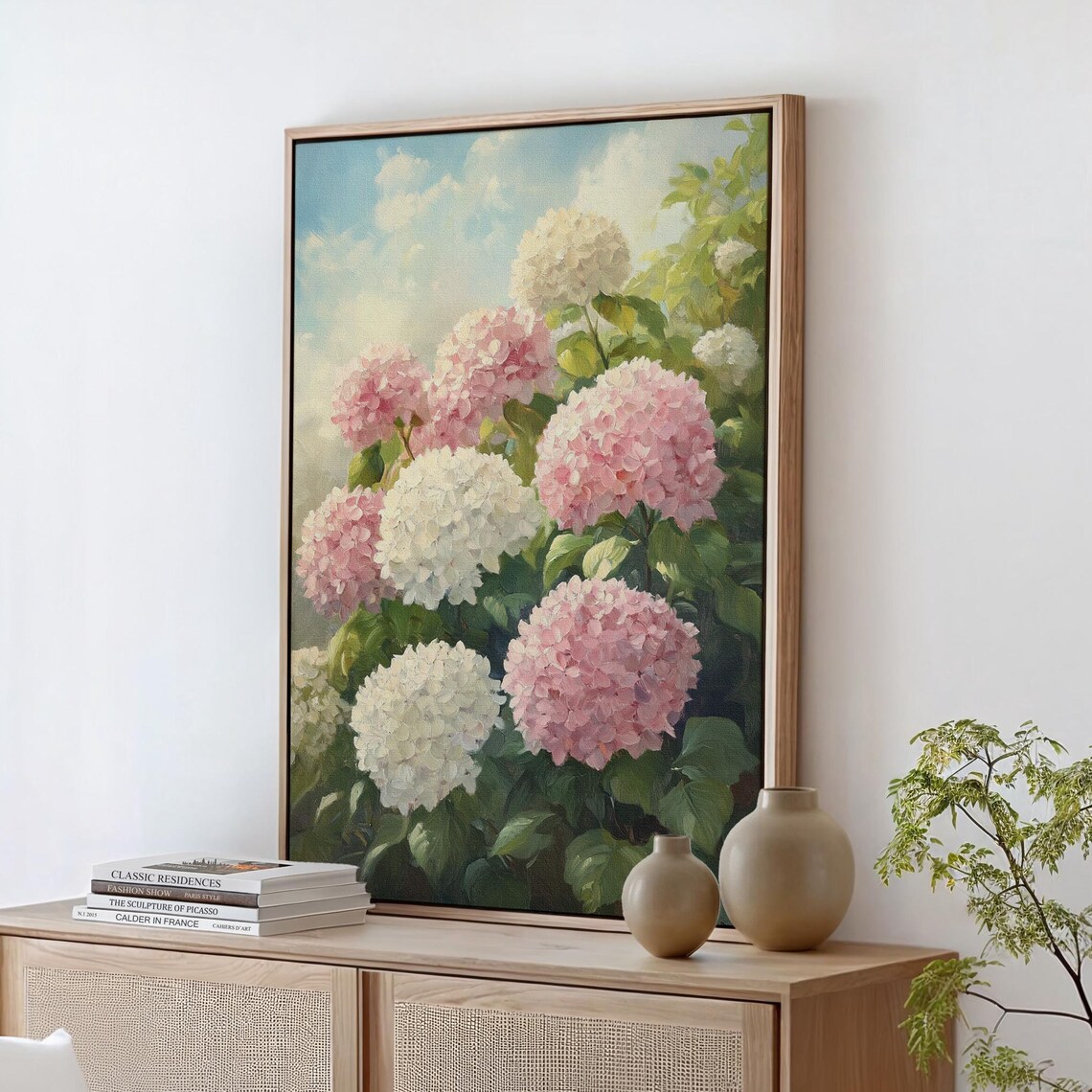 Pink White Hydrangea Blossoms Lush Floral Oil Painting Poster