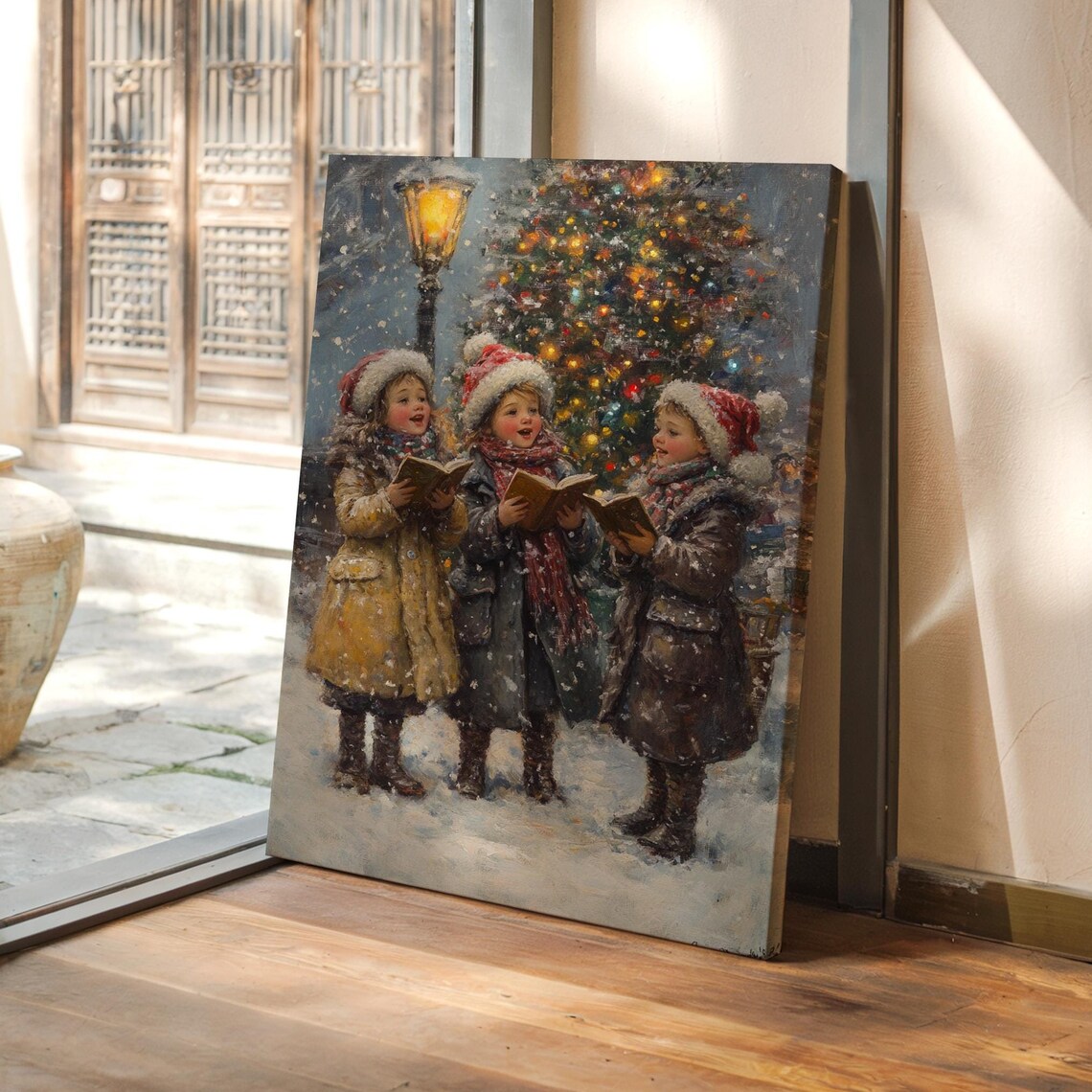 Victorian Christmas Carolers Snowy Night Vintage Holiday Poster