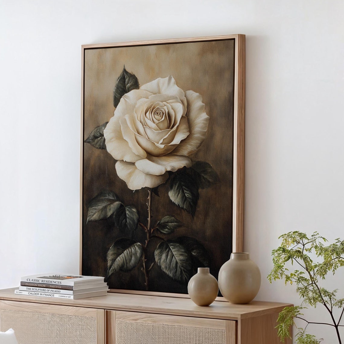 White Rose on a Tall Stem with Leaves Dark Vintage Botanical Poster