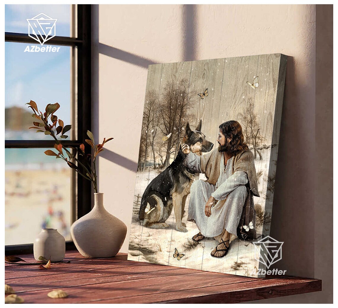 Jesus Sitting with German Shepherd in Winter Snow Butterflies Poster